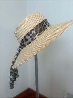 HBY Miami Straw Sun Hat with Leopard Scarf Trim - Beige